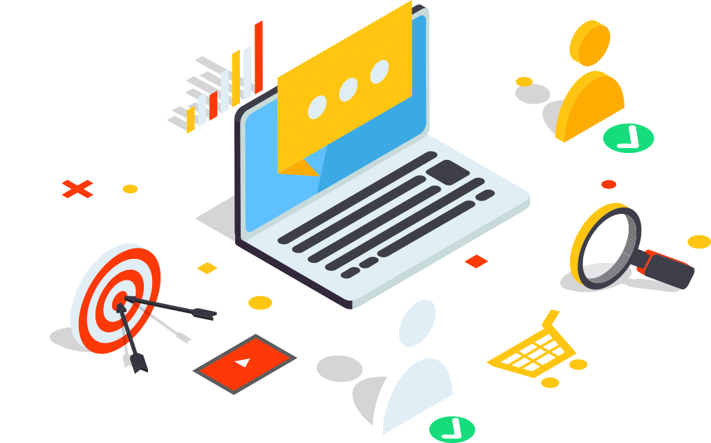 A digital marketing concept illustration with icons: laptop, person figures, target, chart, magnifying glass, and shopping cart interconnected by lines.