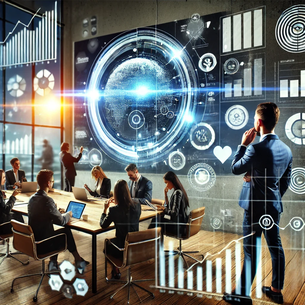 A group of people in a futuristic office viewing digital graphs and holographic displays, brainstorming at a conference table with laptops.