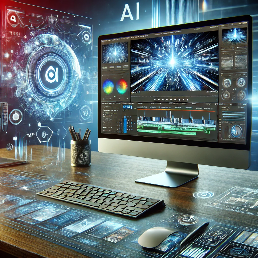 A computer on a futuristic desk features an advanced AI interface, displaying digital graphics and data, surrounded by a sleek, high-tech environment.