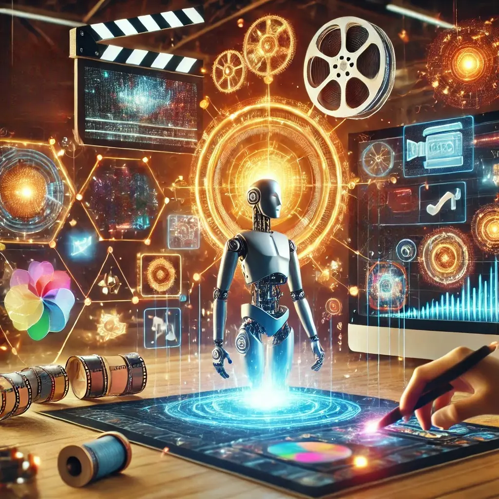 A futuristic scene with a robot, digital screens, film reels, and a person using a stylus on a computer tablet.