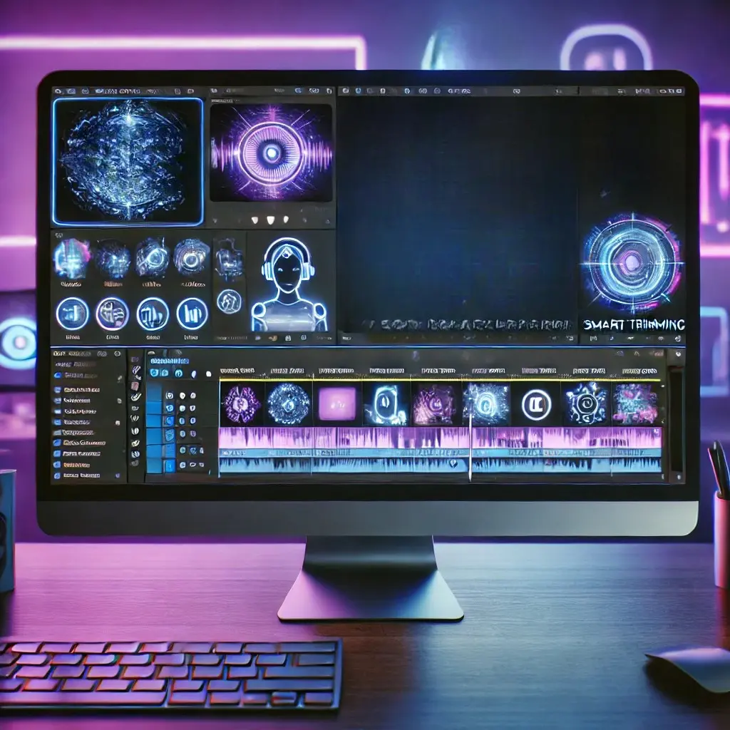 A computer screen displays futuristic video editing software with neon graphics. The ambient lighting is purple and blue, creating a modern, sci-fi atmosphere.