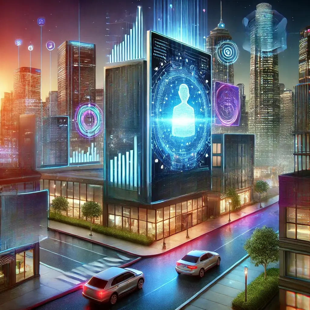 Futuristic cityscape with illuminated skyscrapers and digital billboards. Cars on streets reflect a neon-lit environment. Digital person image displayed prominently.