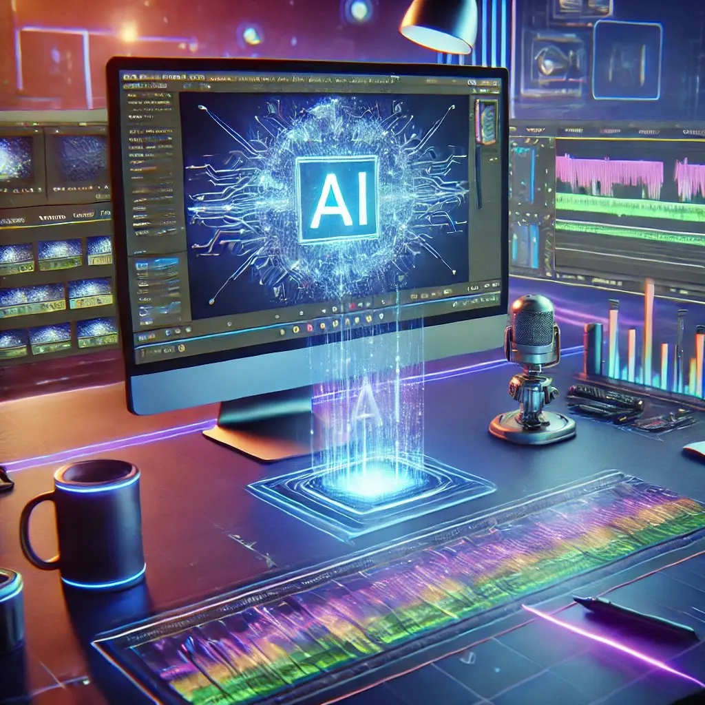 Futuristic workspace featuring a computer with "AI" on screen, microphone, mug, and vibrant screens showing digital data and processing visuals.