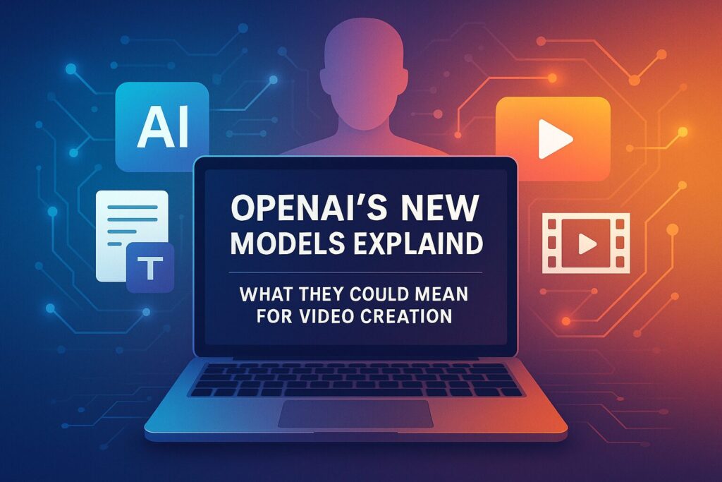 A laptop displays "OpenAI's New Models Explained" surrounded by icons for video, text, and AI, symbolizing technological advancements in video creation.